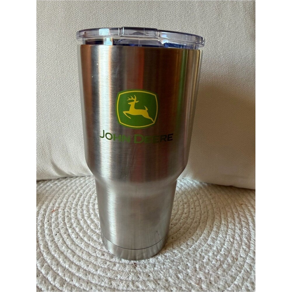 John Deere 28 oz Silver Tumbler with Green and Yellow Logo
